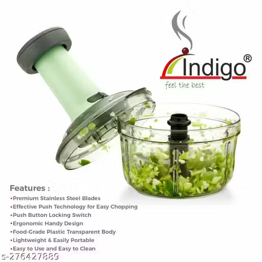 Indigo 650ml Chopper Manual Chopper Large Quick & Powerful Hand Held Food Chopper to Chop & Cut Fruits, Vegetables, Herbs, Onions for Salsa, Salad, Pesto, Hummus, Guacamole (Premium) | 3 Stainless Steel Blades